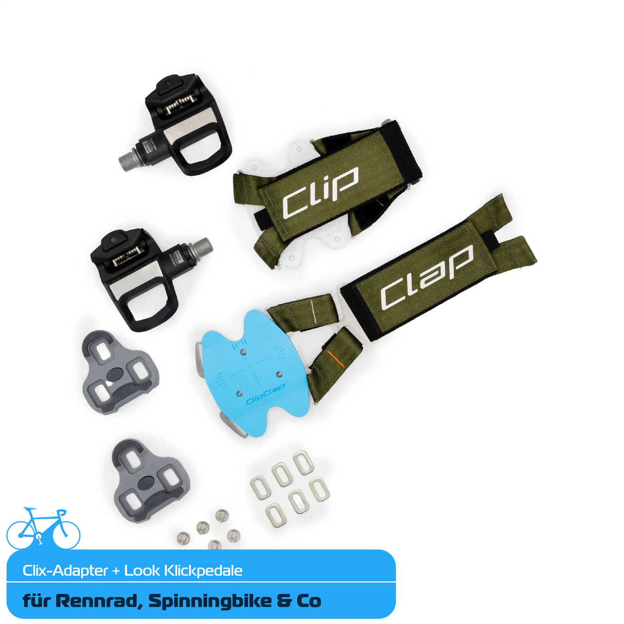 Clix-PowerBundle mit blauer Grundplatte, Gurt in oliv, Look Klickpedalen, 3-Loch Cleats und Schrauben für Rennrad & Co. 