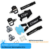 Clix-PowerBundle mit blauer Grundplatte Gurt und Performance Strap in schwarz, Look Klickpedale, 3-Loch-Cleats und Schrauben