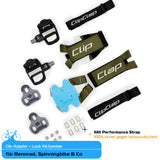 Clix-PowerBundle mit blauer Grundplatte, Gurt in oliv, Performance Strap, Look Klickpedale, 3-Loch-Cleats und Schrauben