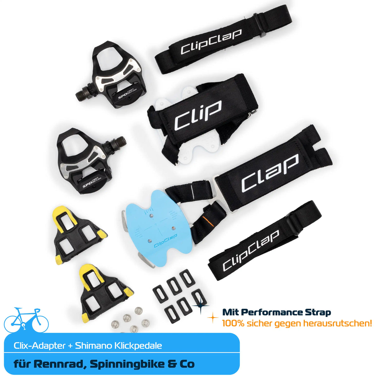 Clix-PowerBundle mit blauer Grundplatte, Gurt und Performance Strap in schwarz, SPD-SL Pedale, 3-Loch-Cleats und Schrauben