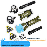 Clix-PowerBundle mit blauer Grundplatte, oliv-Gurt, Performance Strap, SPD-SL Pedale, 3-Loch Cleats und Schrauben für Rennrad