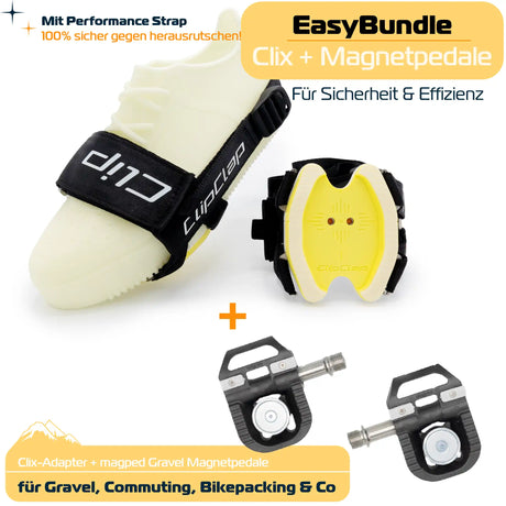 Clix-EasyBundle mit EXPLORE-Adapter in schwarz, Performance Strap und Magnetpedalen. Für Gravel, Commuting, Bikepacking & Co.