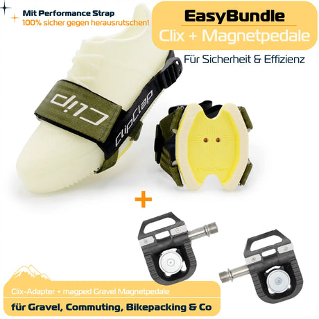 Clix-EasyBundle mit EXPLORE-Adapter in oliv, Performance Strap und Magnetpedalen. Für Gravel, Commuting, Bikepacking & Co.