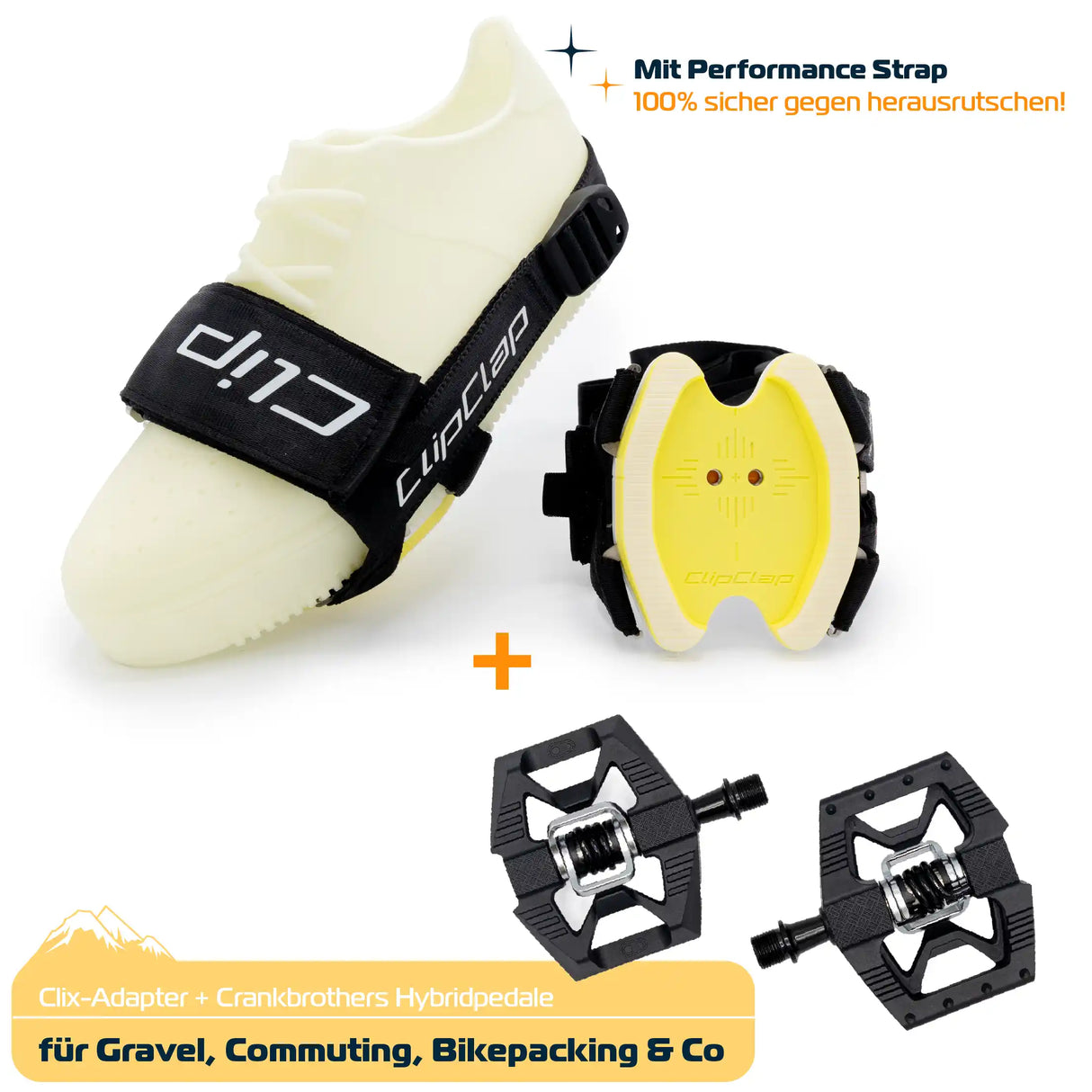 Clix-Adapter mit gelber Grundplatte und schwarzem Nylon-Gurt am 3D-Schuh mit Klickpedalen