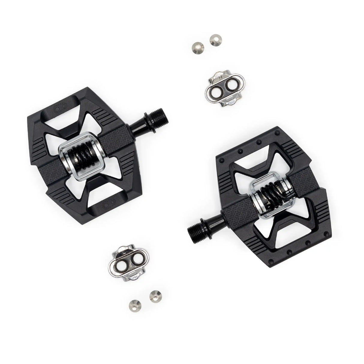 Crankbrothers Double Shot 1 Kombipedale in schwarz mit Stahlachse und Edelstahlfeder, 2-Loch-Cleats aus Metall und Schrauben